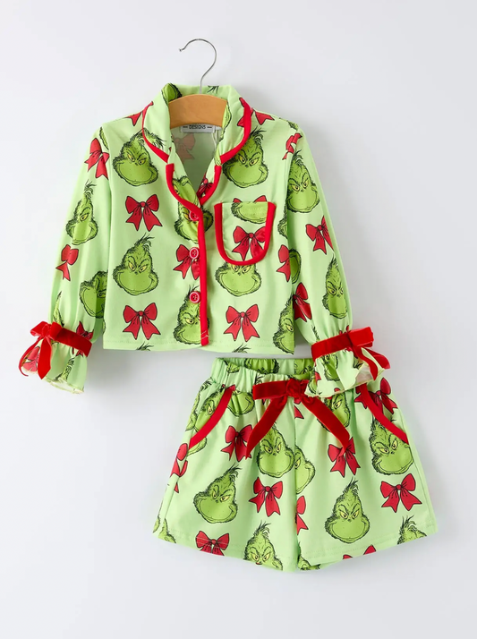 KIDS GREEN CHRISTMAS CHARACTER BOW PRINT PAJAMAS