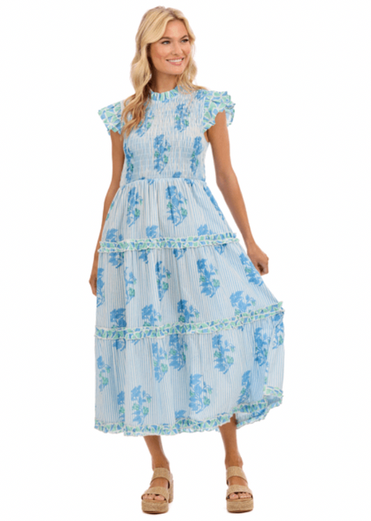 PERIN SMOCKED MIDI DRESS BLUE