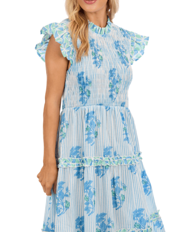 PERIN SMOCKED MIDI DRESS BLUE