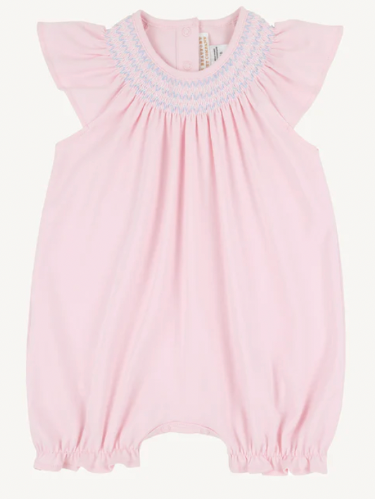 BEAUFORT BONNET SANDY SMOCKED ROMPER PALM BEACH PINK/BEALE STREET BLUE AND WORTH AVE WHITE