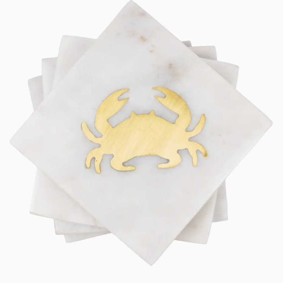 CRAB MARBLE COASTERS WHITE/BRASS 4 X 4 SET OF 4
