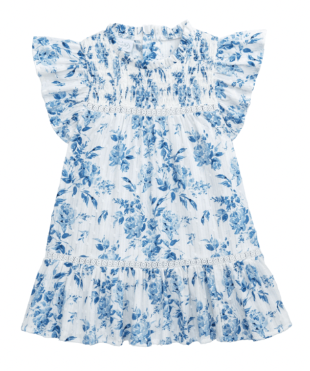 KIDS BLUE FLORAL SMOCKED DRESS