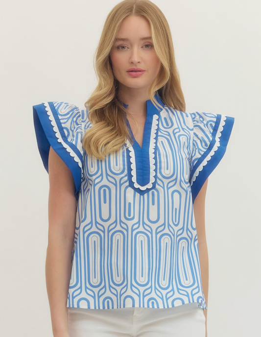 3/4 SLEEVE TOP WITH BINDING DETAIL BLUE