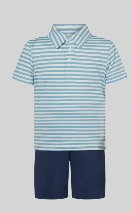 LITTLE BOYS PERFORMANCE SHORT SLEEVE POLO SHIRT AND SHORTS MORNING DEW STRIPE/NAVAL BLUE