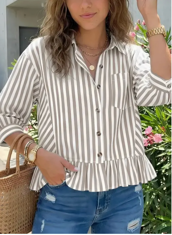 STRIPED BUTTON DOWN RUFFLE HEM 3/4 SLEEVE BLOUSE TAN