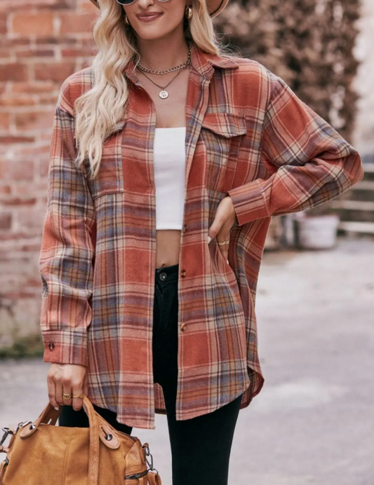 WOMEN'S CARAMEL PLAID OVERSIZED FLANNEL BUTTON DOWN SHIRT