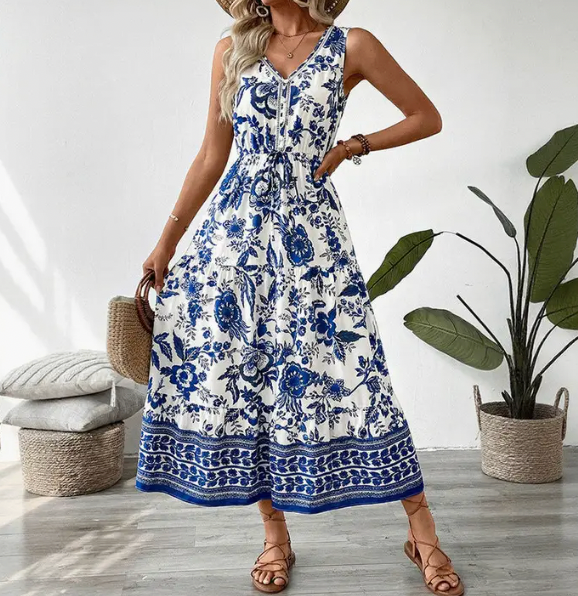 BOHO BLUE FLORAL V NECK SLEEVELESS DRESS