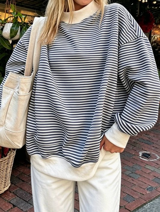 STRIPED MOCK NECK SWEATSHIRT OVERSIZED PULLOVER