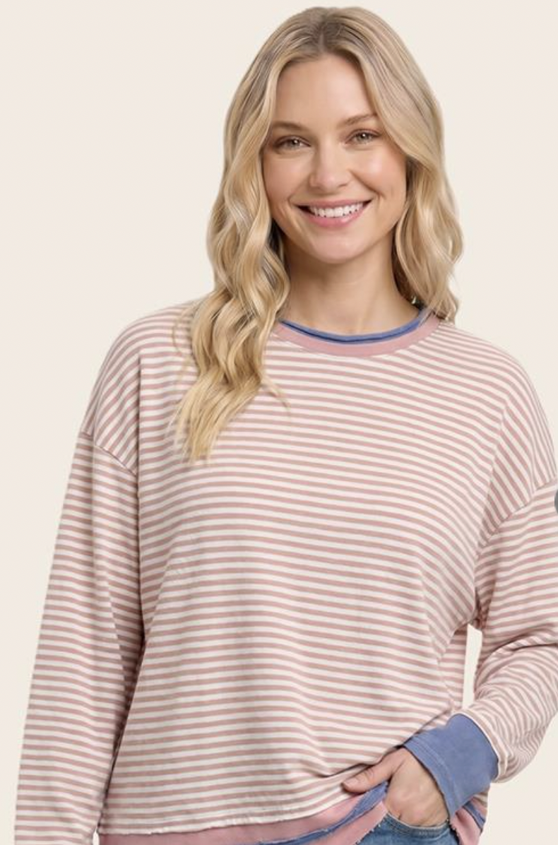 KNIT TOP STRIPE LONG SLEEVE DUSTY PINK