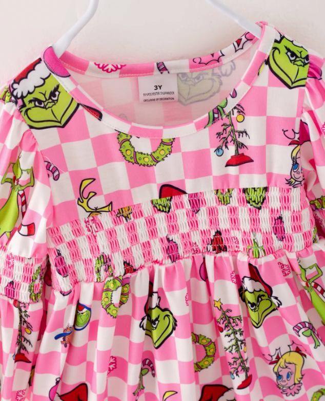 CHRISTMAS PINK PLAID GRINCH SMOCKED GIRL DRESS