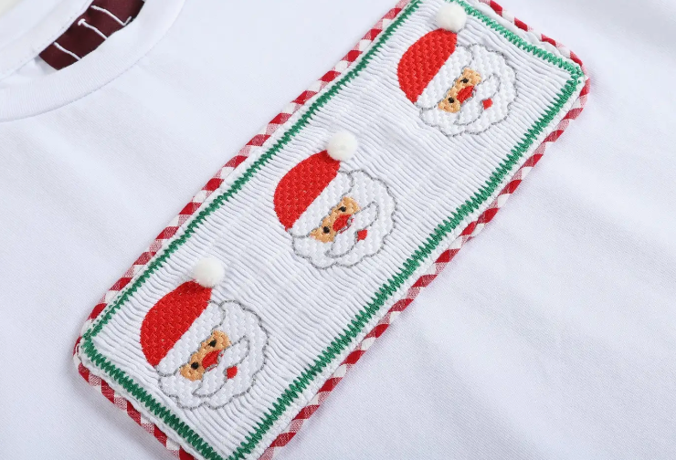 WHITE SMOCKED SANTA LONG SLEEVE TEE & RED PANTS