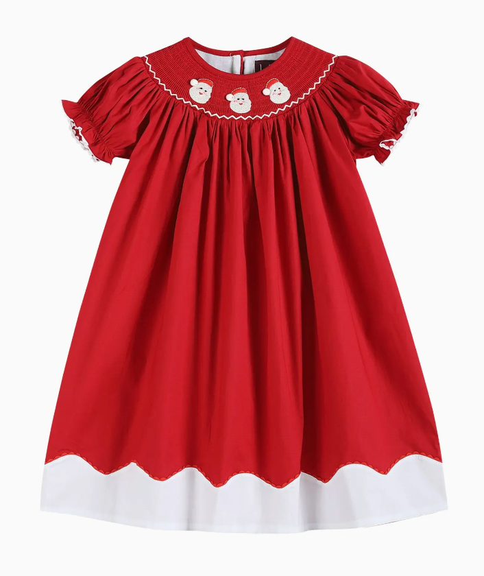 RED AND WHITE SANTA SMOCKED BISHOP DRESS