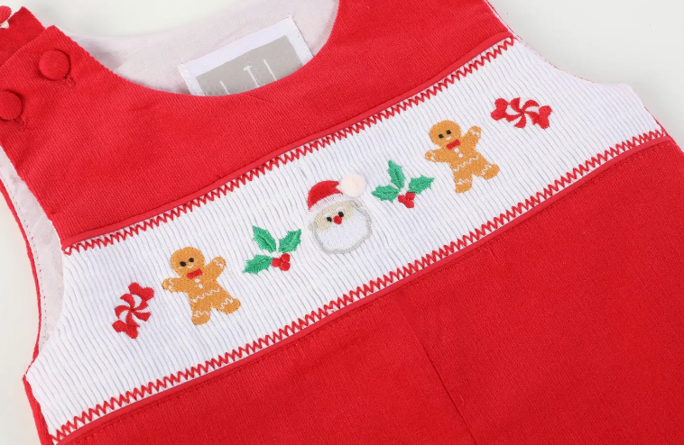 RED VELOUR CHRISTMAS SMOCKED OVERALLS