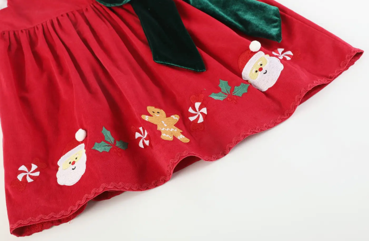 RED CORDUROY CHRISTMAS APPLIQUE BIG BOW DRESS