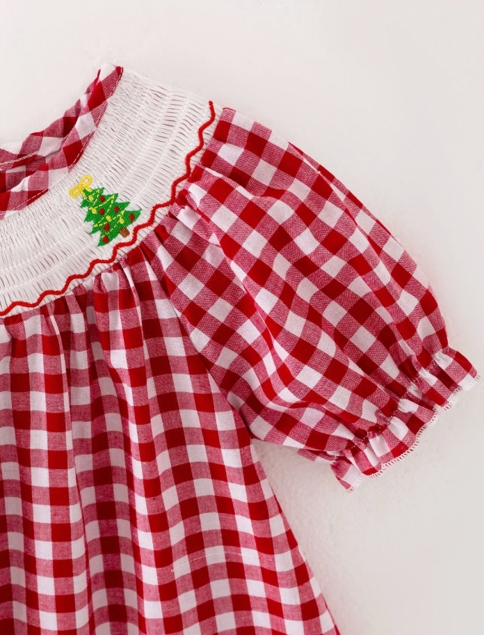CHRISTMAS TREE SMOCKING EMBROIDERED GIRLS DRESS
