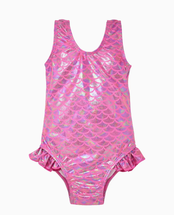 KIDS UPF50+ DELANEY HIP RUFFLE SWIMSUIT FOR GIRLS SHINY PINK SCALES