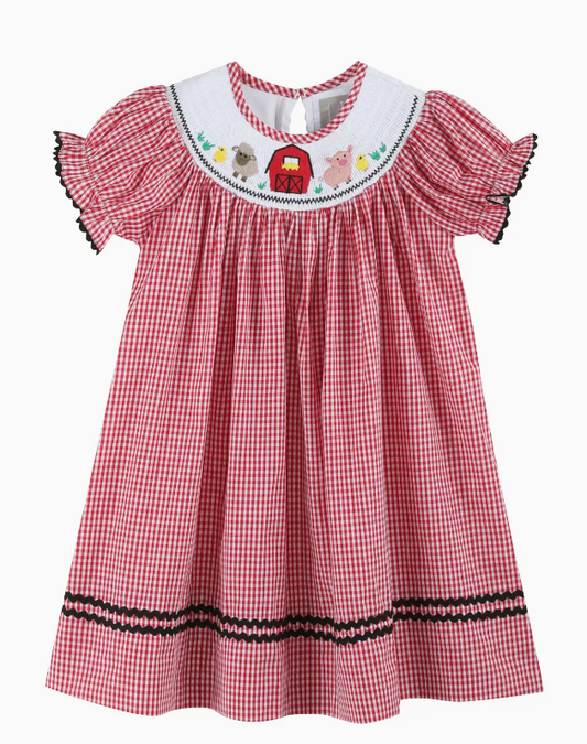 RED GINGHAM BARN ANIMALS SMOCKED BISHOP DRESS