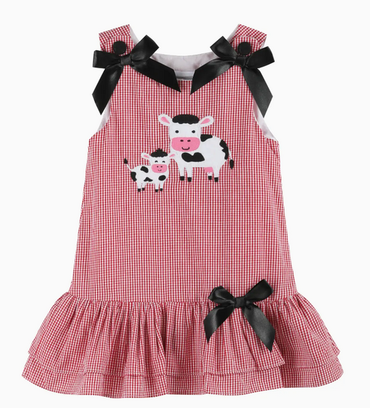 RED GINGHAM MAMA AND BABY COW RUFFLE BOW DRESS