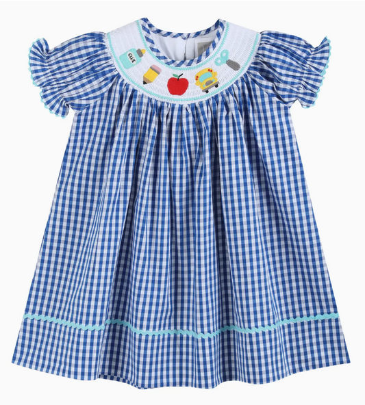 ROYAL BLUE GINGHAM SCHOOL SMOCKED BISHOP DRESS