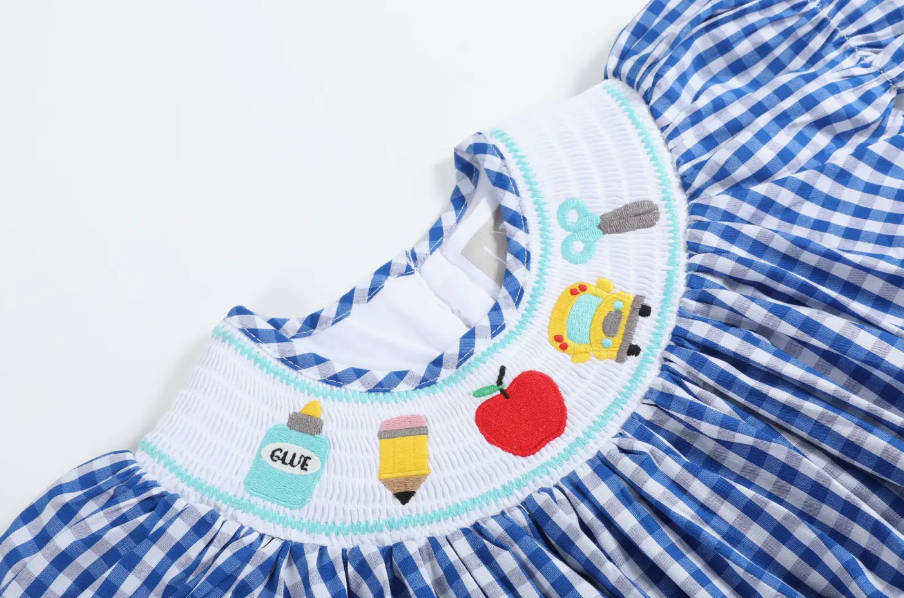 ROYAL BLUE GINGHAM SCHOOL SMOCKED BISHOP DRESS
