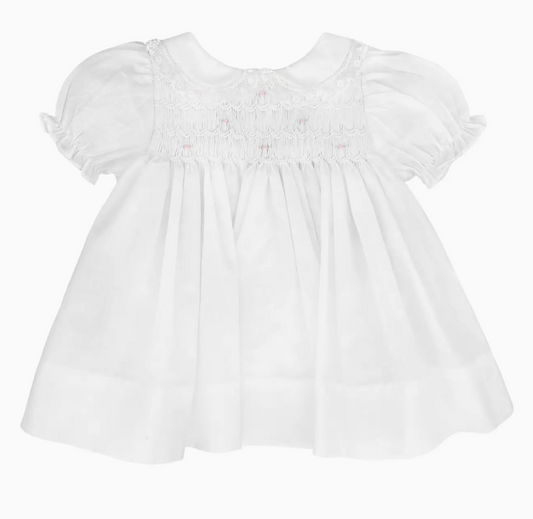 FULLY SMOCKED DRESS WITH LACE WHITE