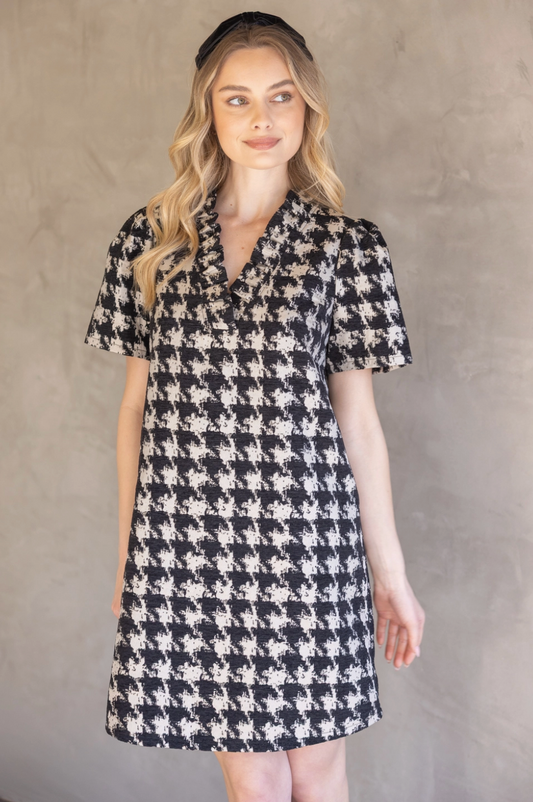 HOUNDSTOOTH VELVET RUFFLE V NECK SHIRT DRESS BLACK