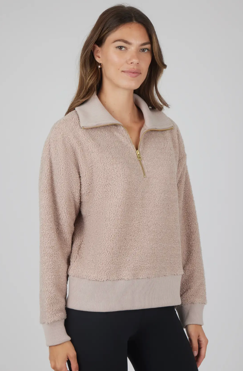 WOMENS COZY SHERPA HALF ZIP PULLOVER SWEATSHIRT OAK BROWN