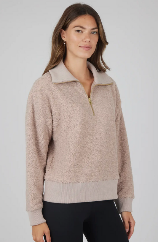 WOMENS COZY SHERPA HALF ZIP PULLOVER SWEATSHIRT OAK BROWN