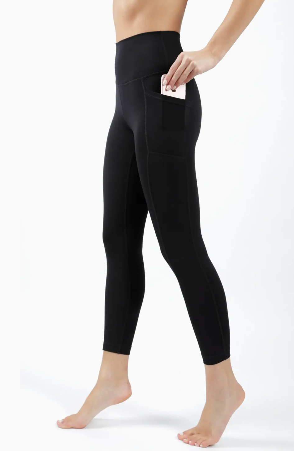 WOMENS LUX HIGH RISE ANKLE LEGGINGS WITH SIDE POCKETS BLACK