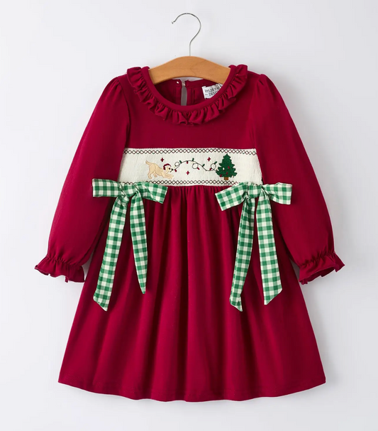 CHRISTMAS SMOCKING EMBROIDERED GIRLS DRESS WITH GREEN PLAID BOW