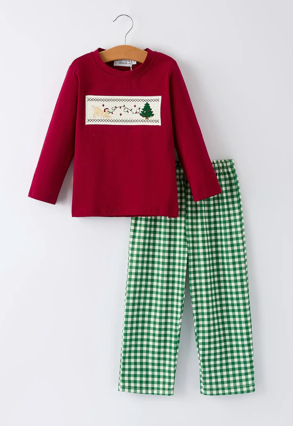 CHRISTMAS TREE DOG SMOCKING EMBROIDERED PLAID BOYS SET