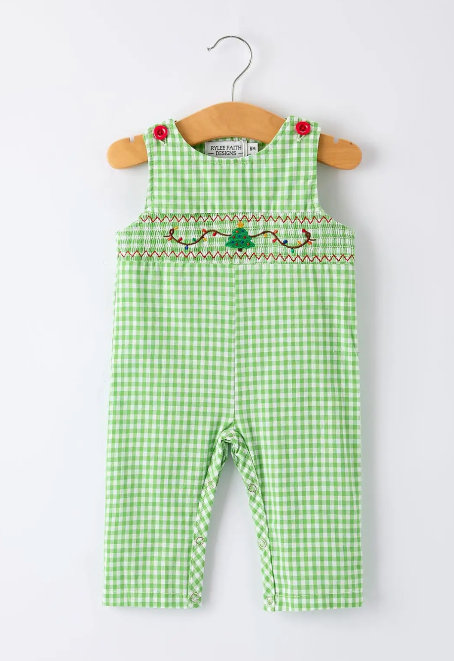 CHRISTMAS TREE SMOCKED BABY ROMPER WITH GREEN PLAID