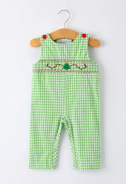 CHRISTMAS TREE SMOCKED BABY ROMPER WITH GREEN PLAID