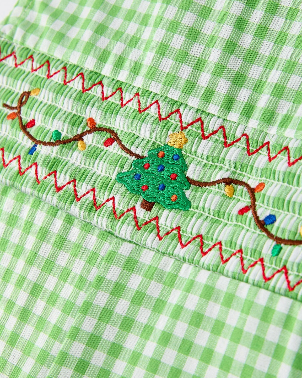 CHRISTMAS TREE SMOCKED BABY ROMPER WITH GREEN PLAID