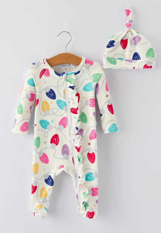 CHRISTMAS COLORFUL LIGHT BULB BABY GIRLS ROMPER WITH HAT