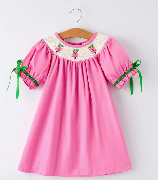 CHRISTMAS PINK SMOCKED EMBROIDERY TREE DRESS