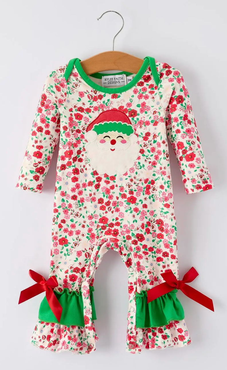 CHRISTMAS SANTA APPLIQUE BABY GIRLS FLORAL LONG SLEEVE RUFFLE