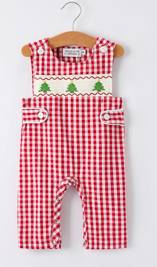 CHRISTMAS SMOCKING EMROIDERED TREE PLAID BABY BOY ROMPER