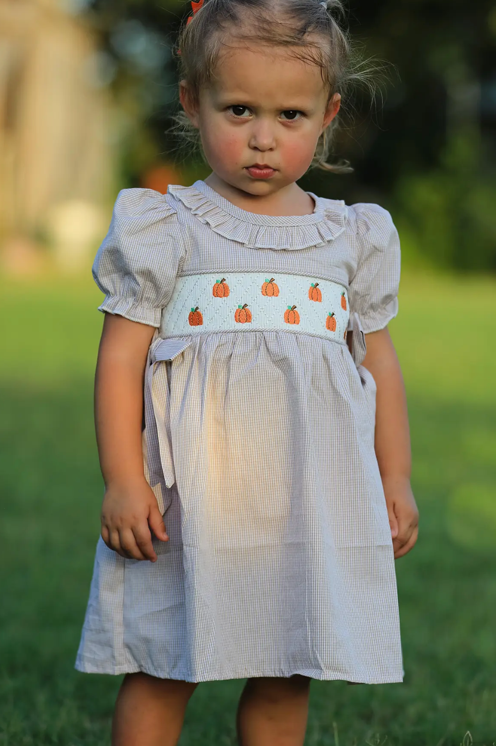 HALLOWEEN & THANKSGIVING PUMPKIN EMBROIDERY SMOCK PLAID GIRLS DRESS