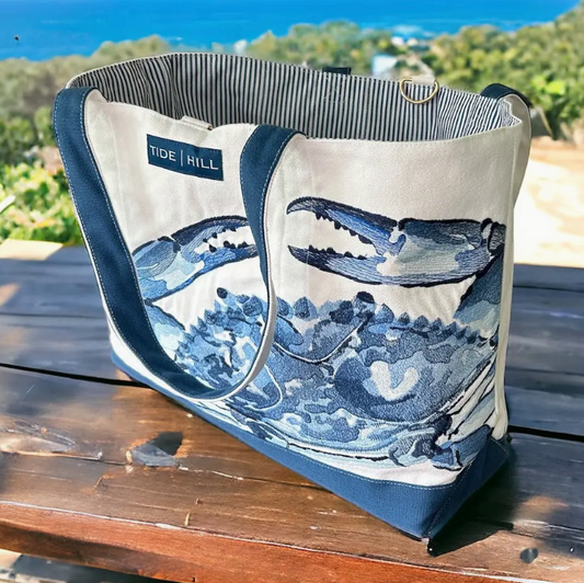 BLUE CRAB EMBROIDERED LARGE TOTE BAG