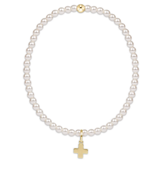 ENEWTON CLASSIC PEARL 3MM BEAD BRACELET SIGNATURE CROSS GOLD CHARM