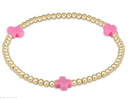 ENEWTON EGIRL SIGNATURE CROSS GOLD PATTERN 3MM BEAD BRACELET BRIGHT PINK
