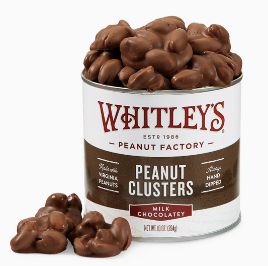 WHITLEY'S 10 OZ TIN MILK CHOCOLATEY COVERED PEANUT CLUSTERS