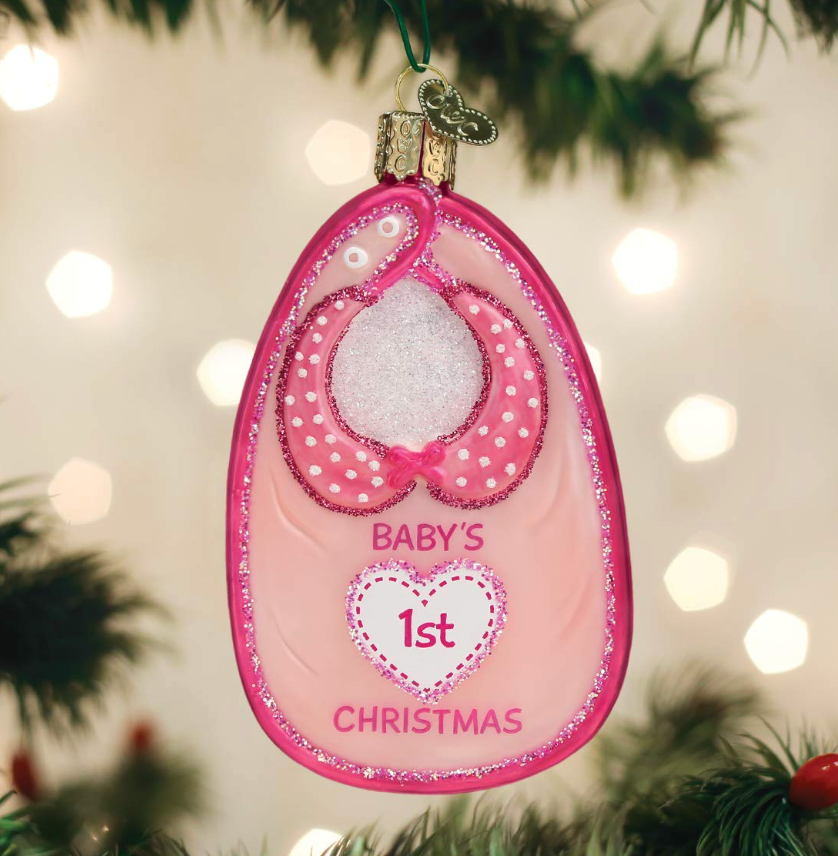 OLD WORLD CHRISTMAS PINK BABY BIB ORNAMENT