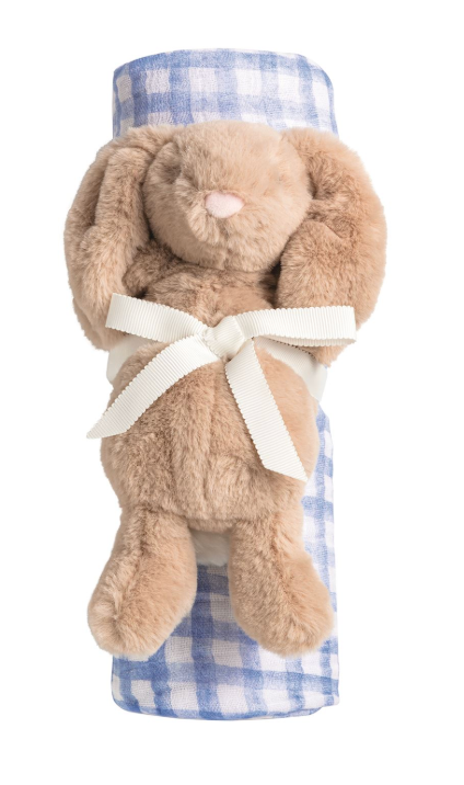 BLUE CHECK SWADDLE AND RATTLE