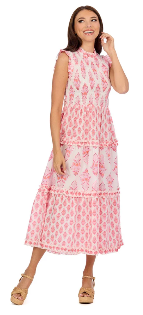 WARD SMOCKED MIDI DRESS PINK