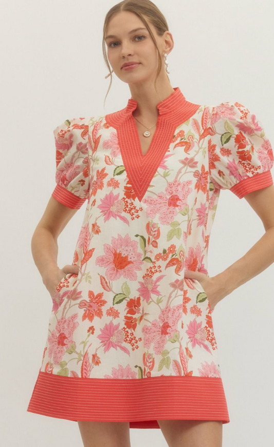 FLORAL PRINT PUFF DRESS PINK