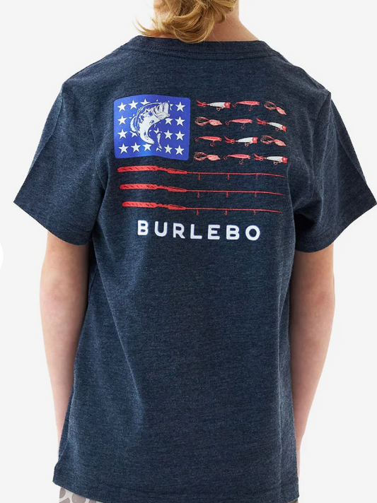 BURLEBO YOUTH FISHING USA HEATHER NAVY SHORT SLEEVE
