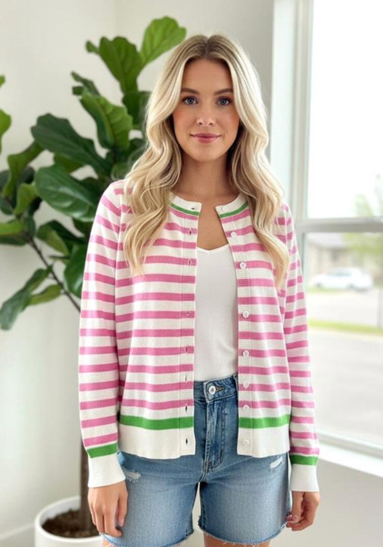 BUTTON DOWN STRIPED CARDIGAN PINK