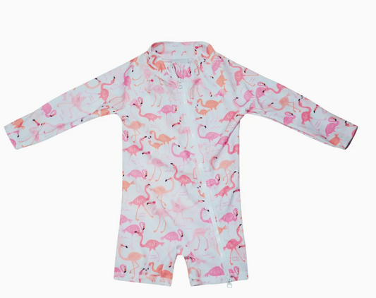 KIDS UPF50+ SHORTIE SURF SWIMSUIT FOR GIRLS FLAMINGO LOVE